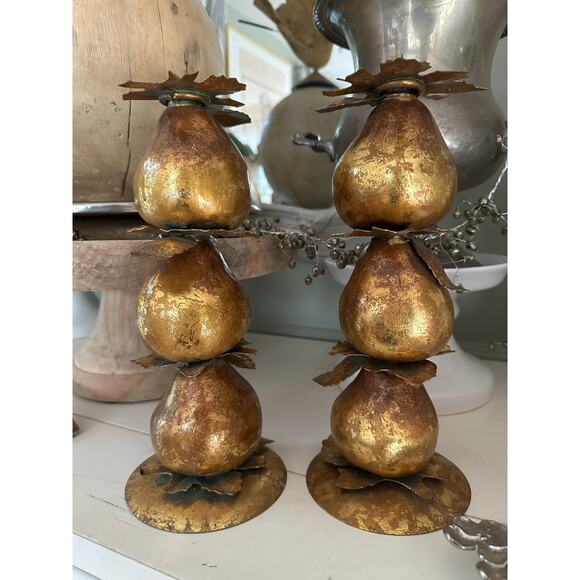 Vintage Gold Leaf Gilded Pear Candle Holders centerpiece set 2 fall decor 11x4” - Picture 1 of 11